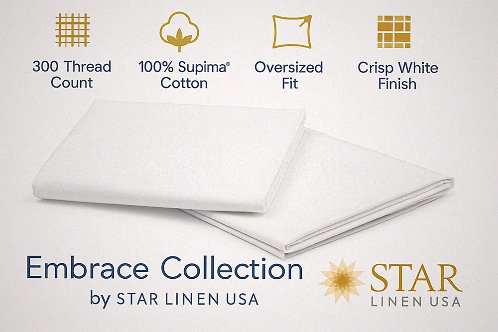 100% Cotton Pillowcases Embrace Collection Supima Cotton Hotel Bedding White
