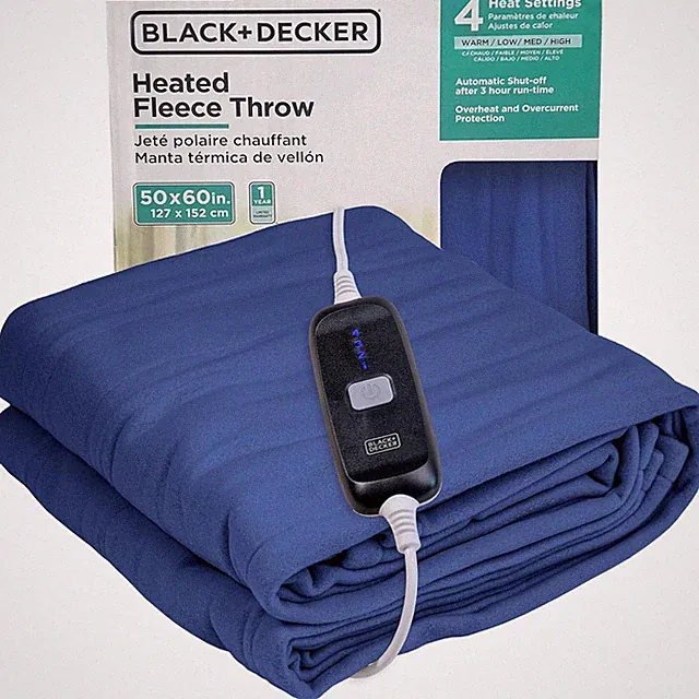 BLACK+DECKER Heated Throw Blanket, 50" x 60", Fleece, 4 Heat Settings, 3hr Timer