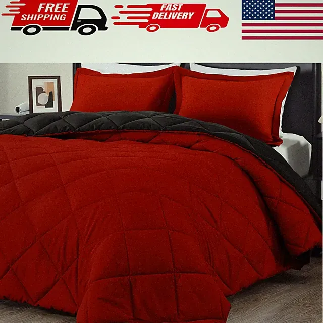 Machine Washable King Size Comforter Set - Cozy Red/Black Microfiber Bedding